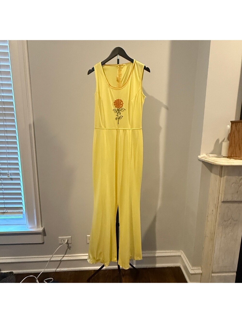 VTG 70s Yellow Wide Leg Jumpsuit Embroidered Rose Disco Polyester